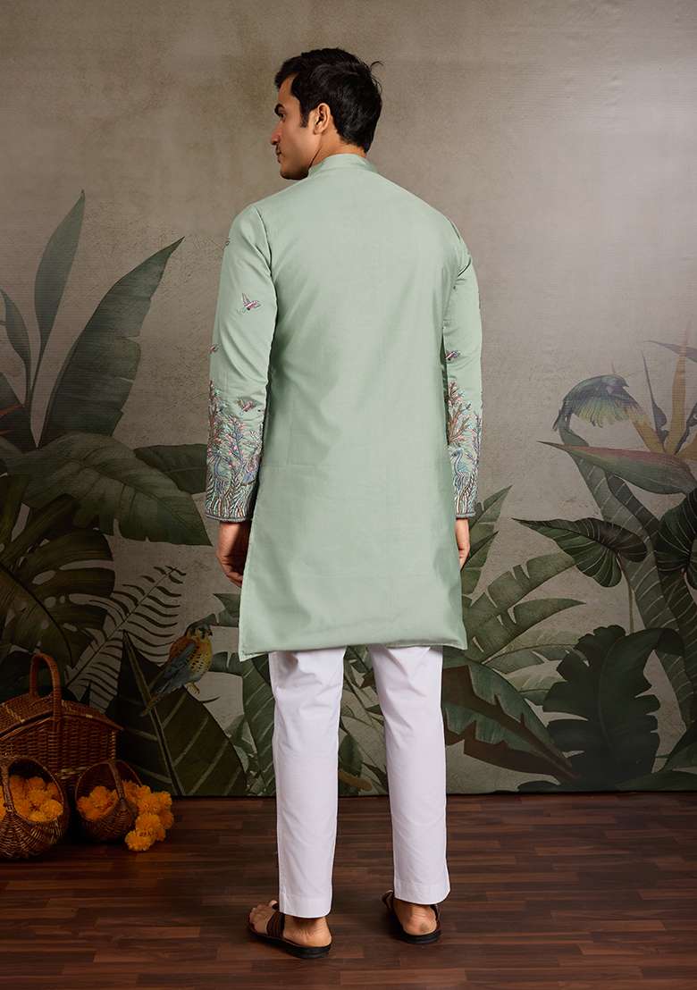Pista Green Embroidered Silk Kurta Set For Men - Indya