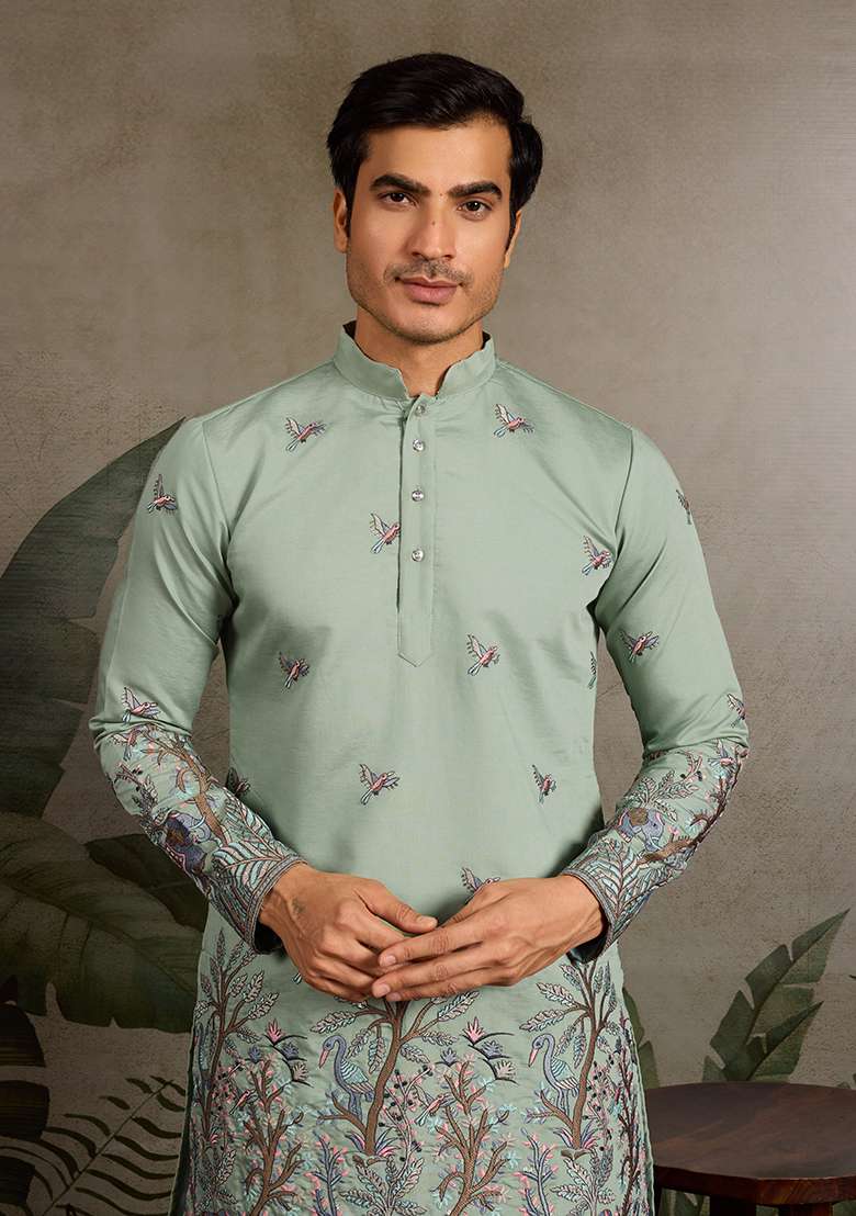 Pista Green Embroidered Silk Kurta Set For Men - Indya