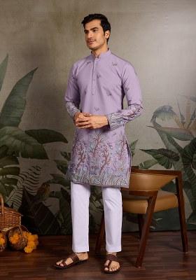 Lavender Embroidered Silk Kurta Set For Men