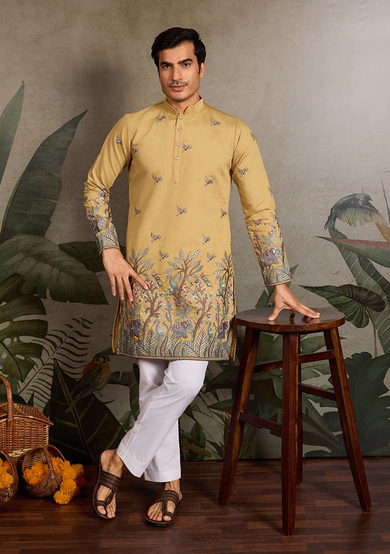 Yellow Embroidered Silk Kurta Set For Men - Indya
