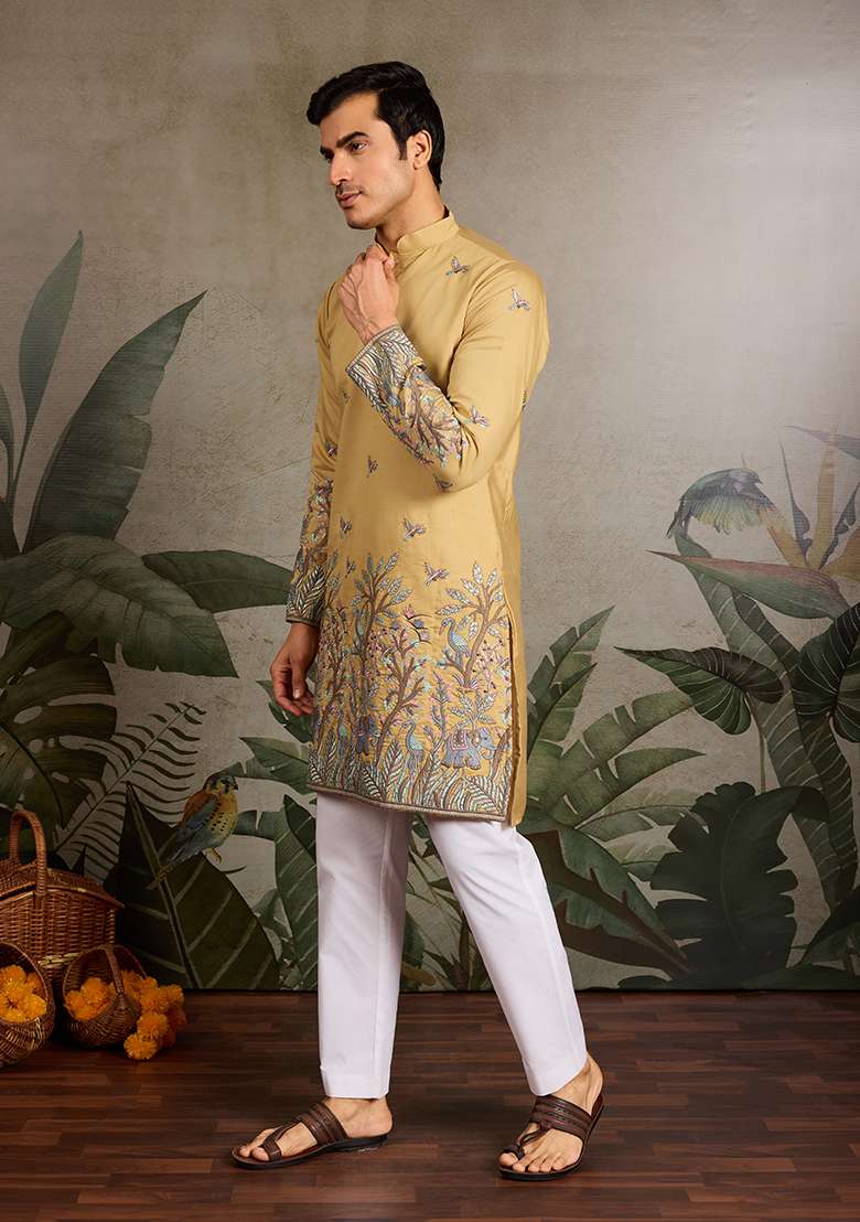 Yellow Embroidered Silk Kurta Set For Men - Indya