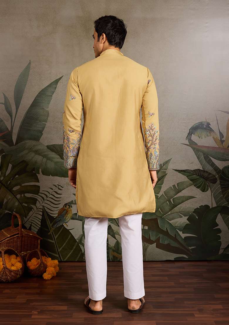 Yellow Embroidered Silk Kurta Set For Men - Indya