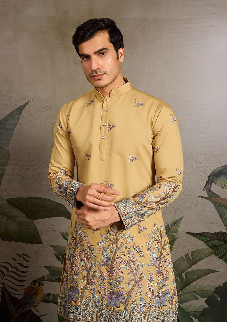 Yellow Embroidered Silk Kurta Set For Men - Indya