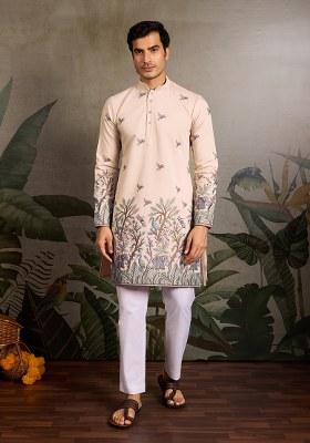 Beige Embroidered Silk Kurta Set For Men