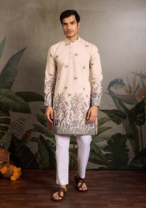 Beige Embroidered Silk Kurta Set For Men