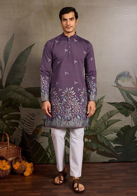 Dusty Purple Embroidered Silk Kurta Set For Men