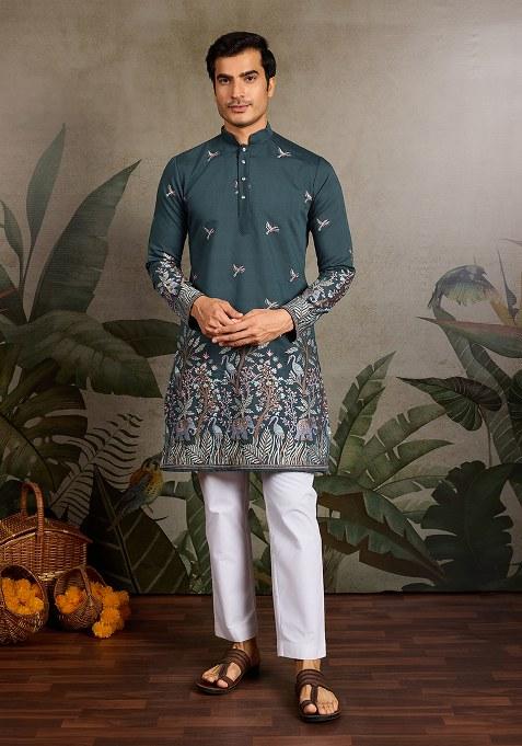 Green Embroidered Silk Kurta Set For Men