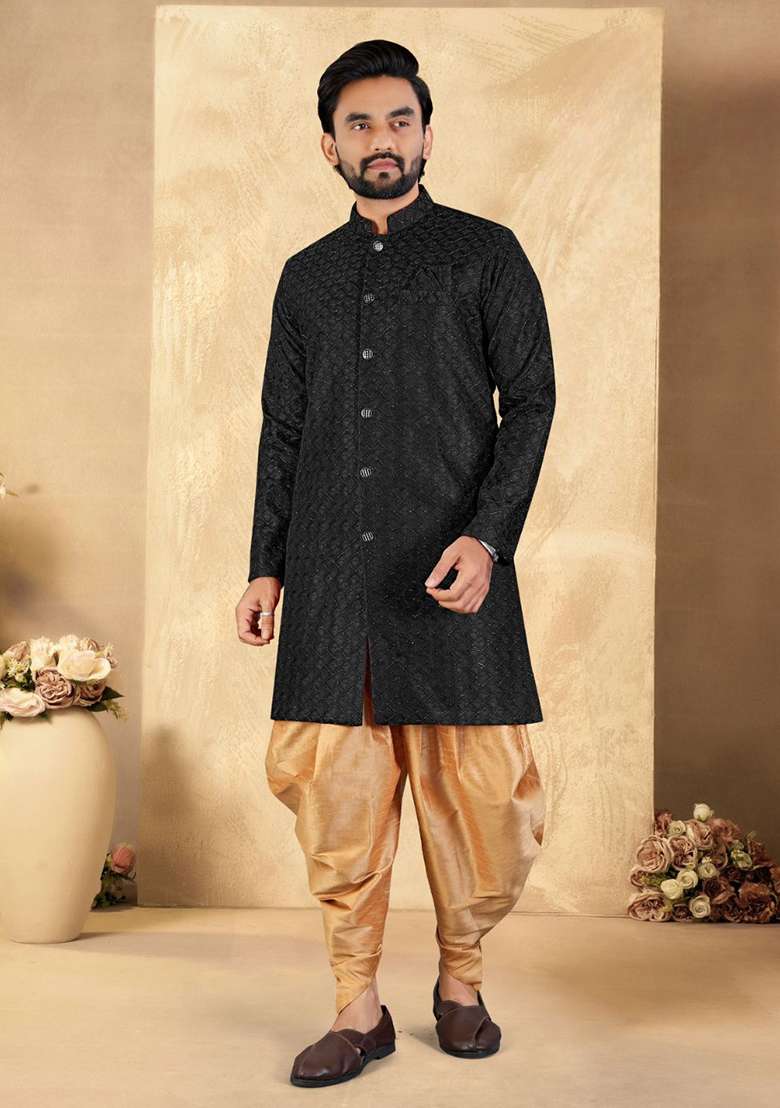 Black Embroidered Blended Kurta Set For Men - Indya