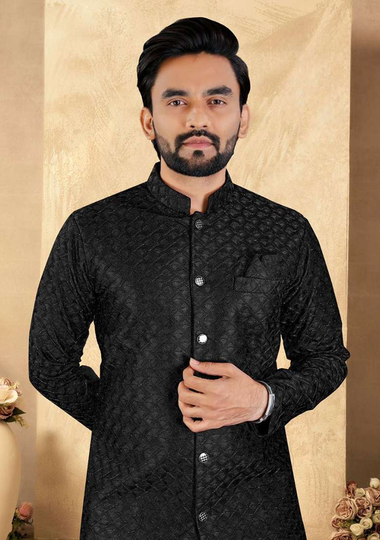Black Embroidered Blended Kurta Set For Men - Indya
