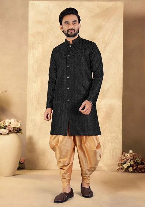 Black Embroidered Blended Kurta Set For Men