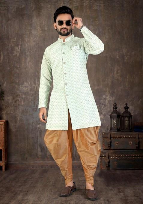 Pista Embroidered Blended Kurta Set For Men
