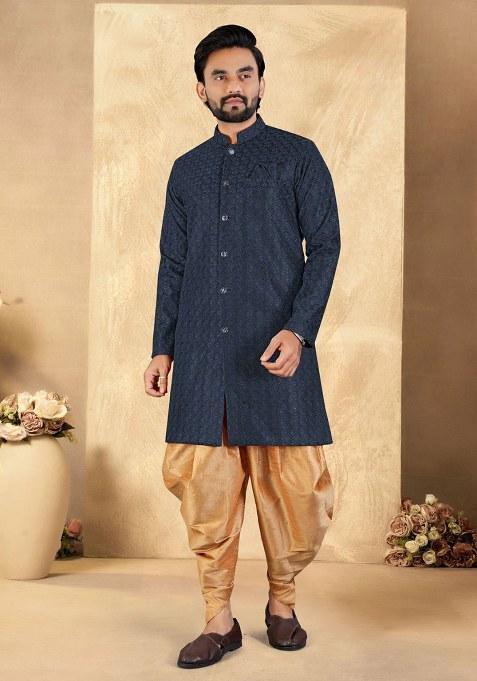 Blue Embroidered Blended Kurta Set For Men
