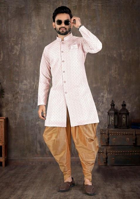 Pink Embroidered Blended Kurta Set For Men