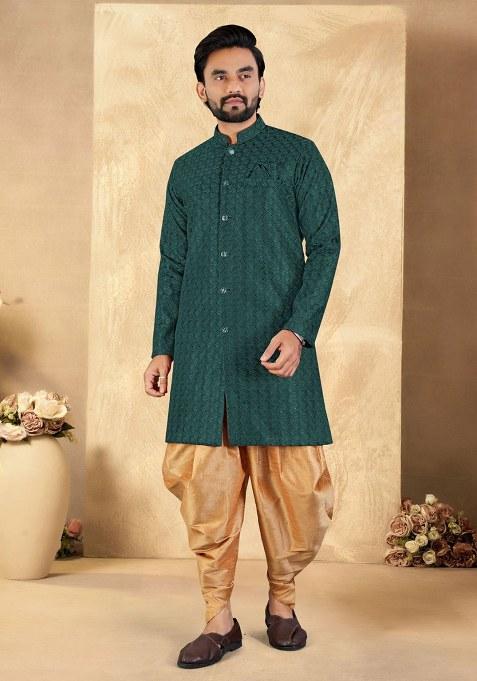Green Embroidered Blended Kurta Set For Men