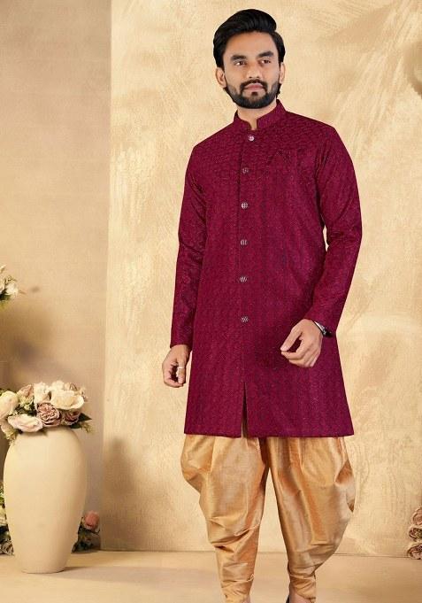 Red Embroidered Blended Kurta Set For Men