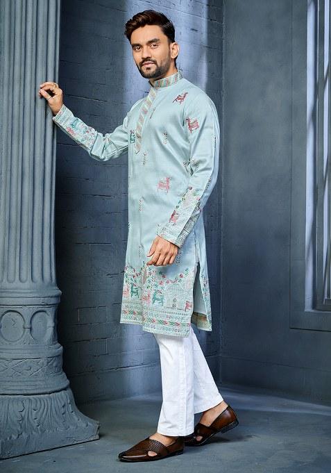 Sky Blue Embroidered Silk Kurta Set For Men