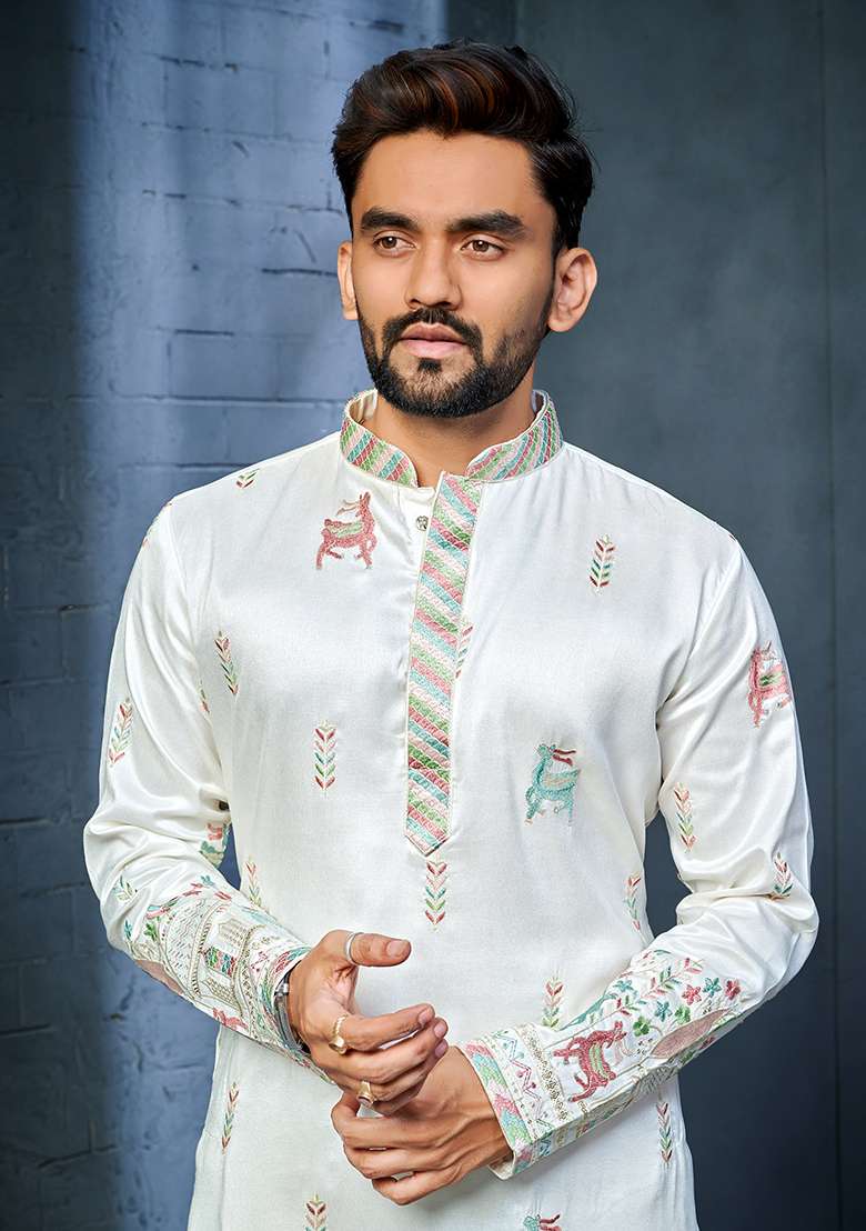 White Embroidered Silk Blend Kurta Set For Men - Indya