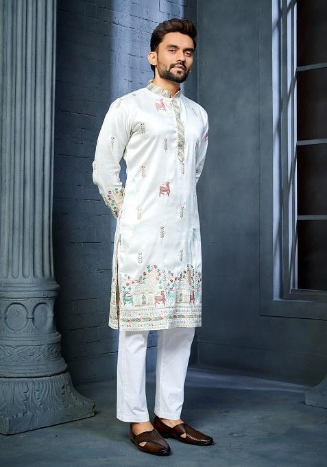 White Embroidered Silk Kurta Set For Men
