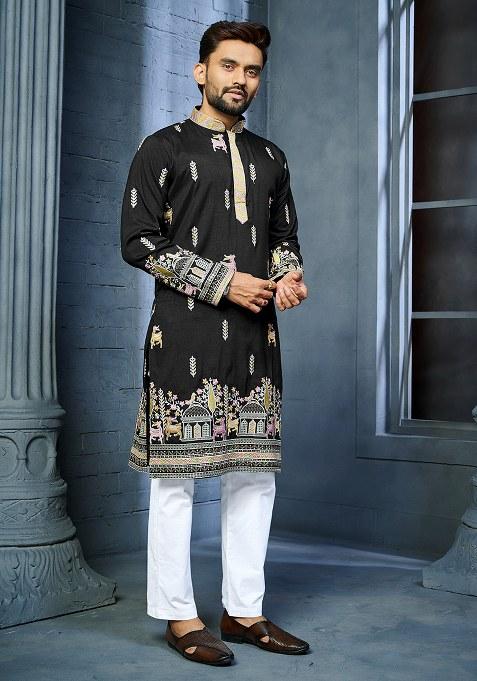Black Embroidered Silk Kurta Set For Men