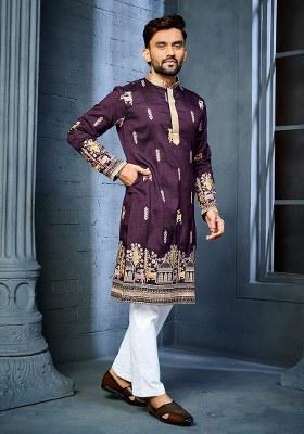 Purple Embroidered Silk Kurta Set For Men