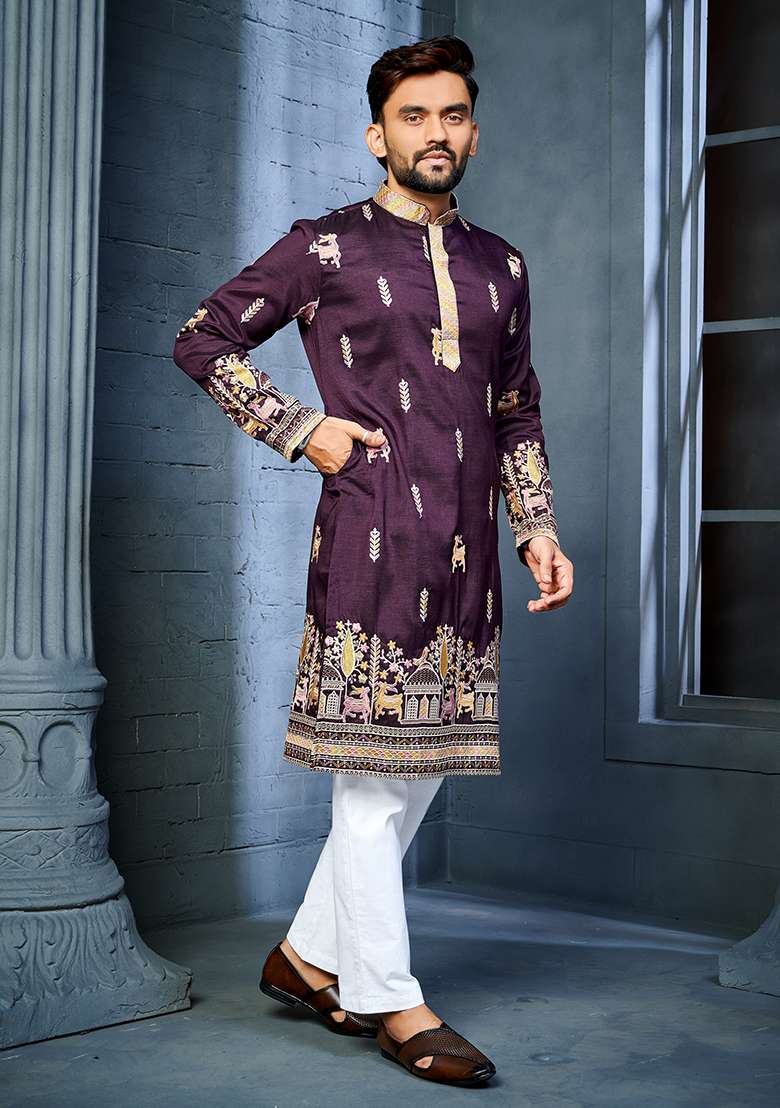 Purple Embroidered Silk Blend Kurta Set For Men - Indya