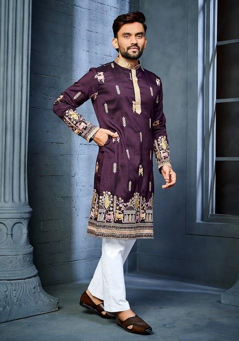 Purple Embroidered Silk Kurta Set For Men
