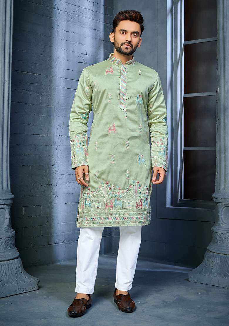 Green Embroidered Silk Blend Kurta Set For Men - Indya