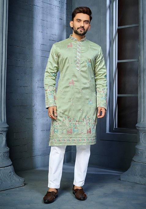 Green Embroidered Silk Kurta Set For Men