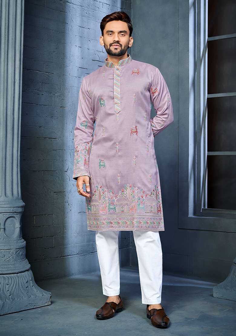 Lavender Embroidered Silk Blend Kurta Set For Men - Indya
