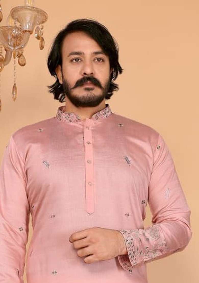 Pink Embroidered Linen Cotton Kurta Set For Men - Indya