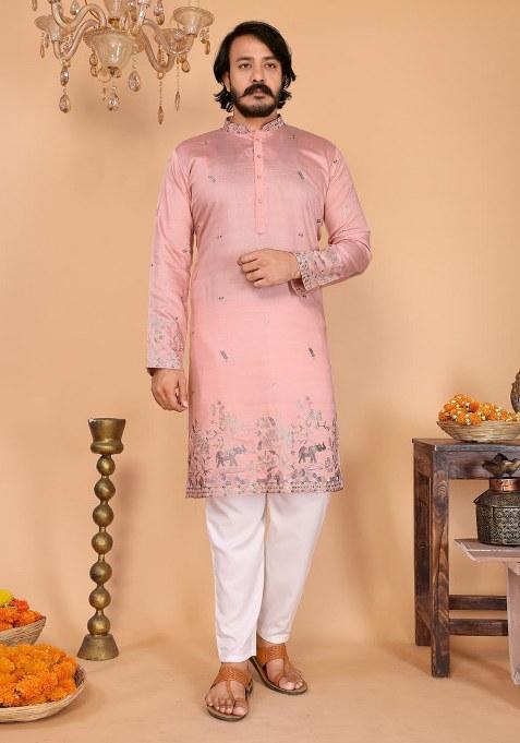 Pink Embroidered Linen Cotton Kurta Set For Men