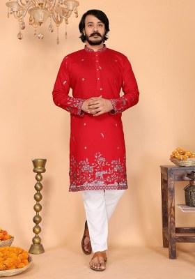 Red Embroidered Linen Cotton Kurta Set For Men