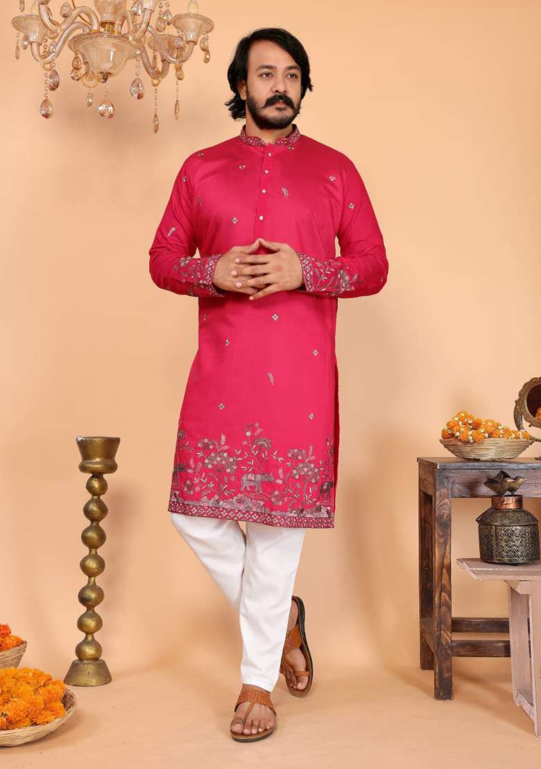 Red Embroidered Linen Cotton Kurta Set For Men - Indya