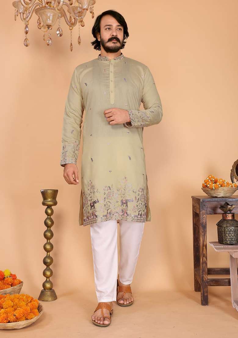 Mustard Embroidered Linen Cotton Kurta Set For Men - Indya