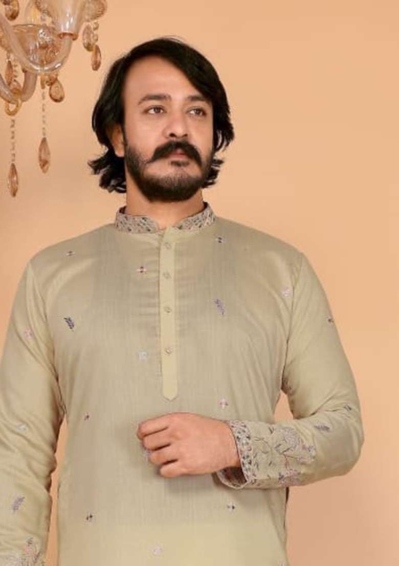 Mustard Embroidered Linen Cotton Kurta Set For Men - Indya