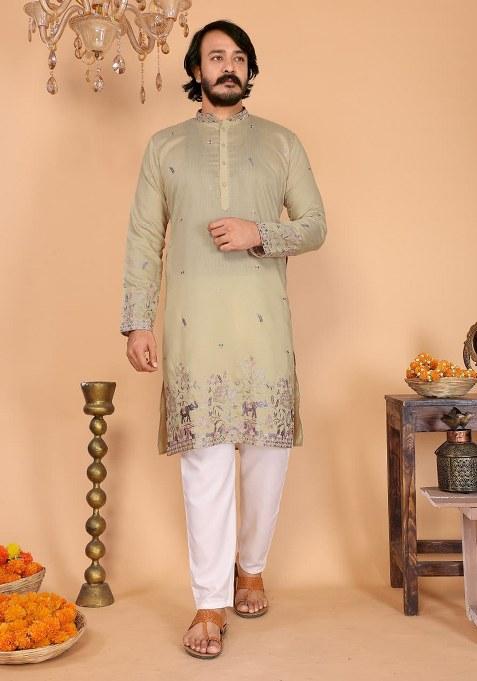 Mustard Embroidered Linen Cotton Kurta Set For Men
