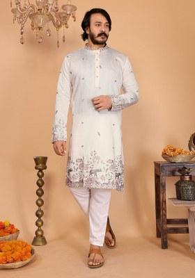 White Embroidered Linen Cotton Kurta Set For Men