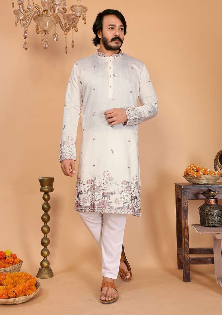 White Embroidered Linen Cotton Kurta Set For Men - Indya