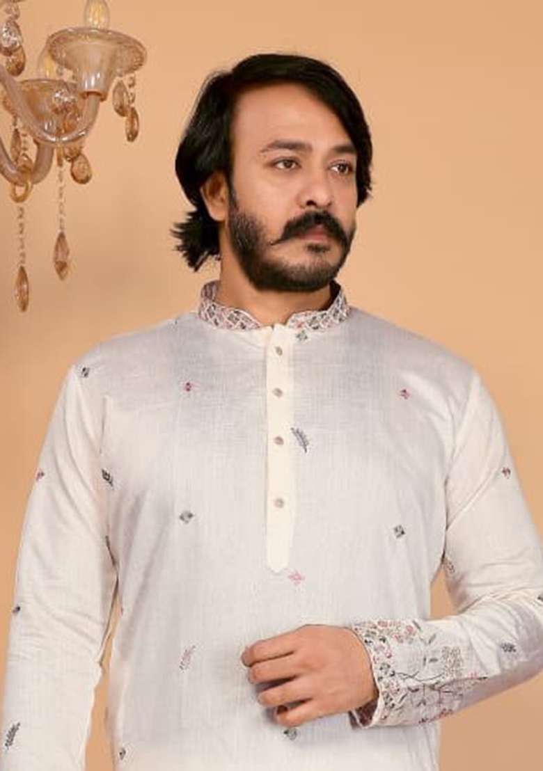 White Embroidered Linen Cotton Kurta Set For Men - Indya