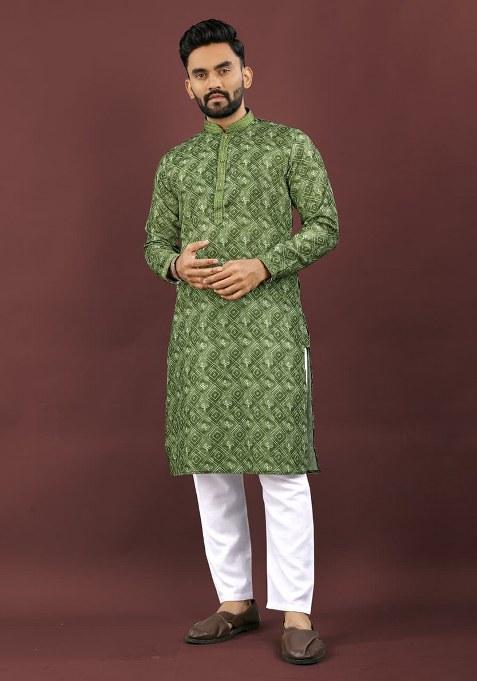 Green Digital Printed Linen Kurta Set For Men