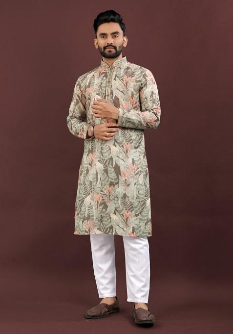 Mustard Digital Printed Linen Kurta Set For Men