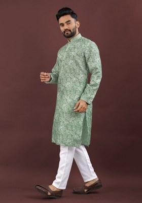 Pista Green Digital Printed Linen Kurta Set For Men