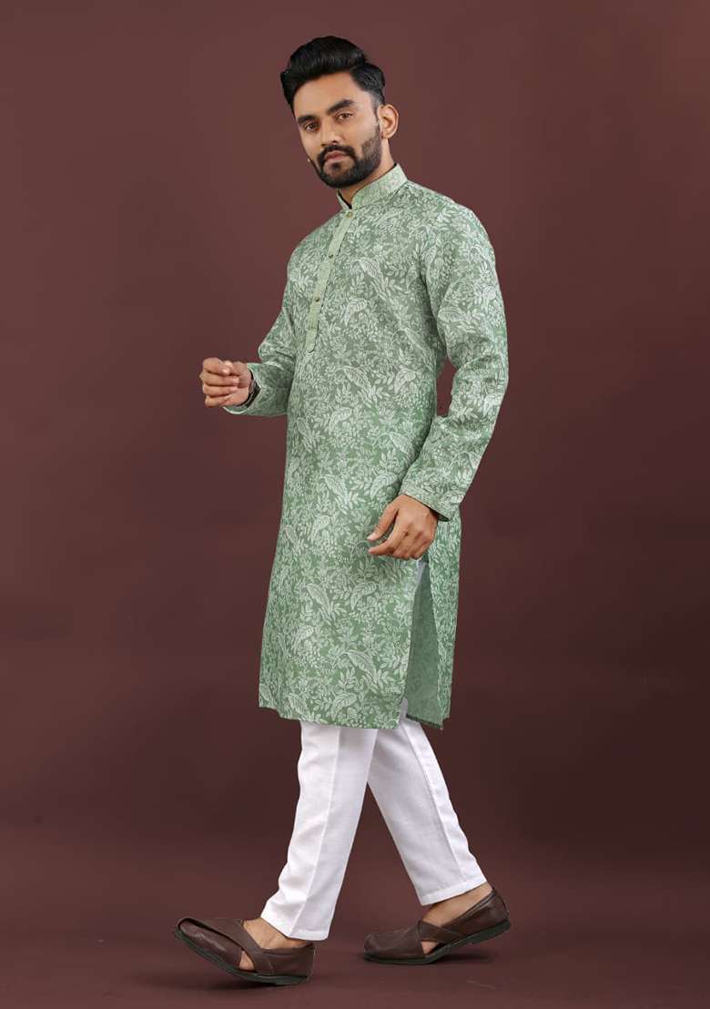 Pista Green Digital Printed Linen Kurta Set For Men - Indya