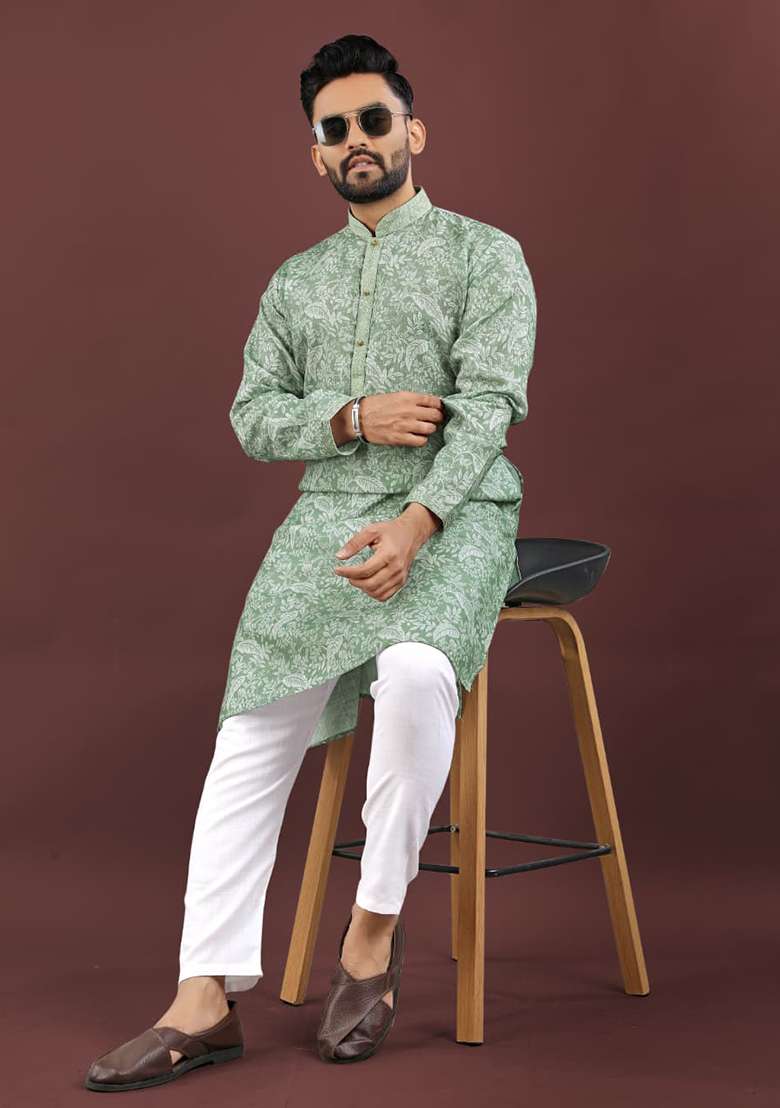 Pista Green Digital Printed Linen Kurta Set For Men - Indya