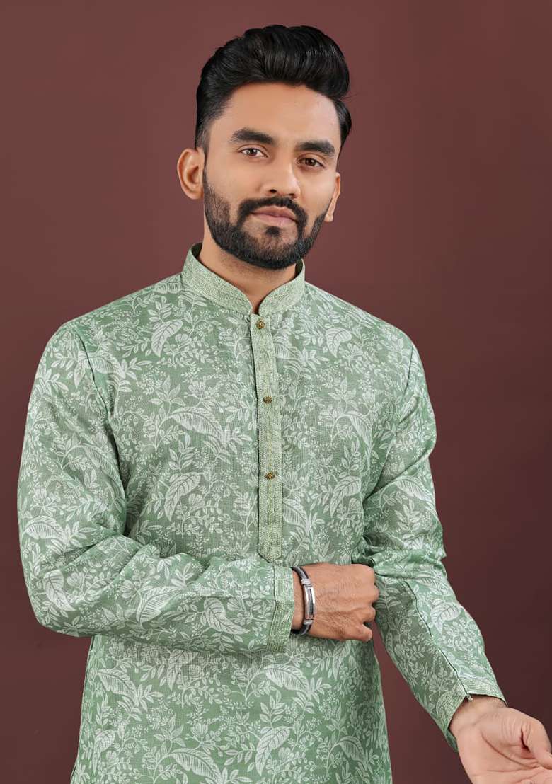 Pista Green Digital Printed Linen Kurta Set For Men - Indya