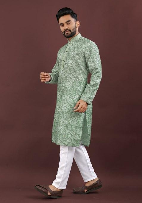 Pista Green Digital Printed Linen Kurta Set For Men