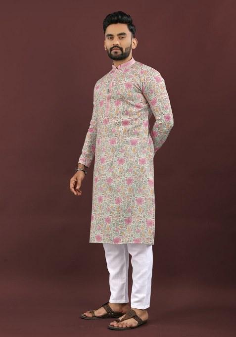 Multi Color Digital Printed Linen Kurta Set For Men