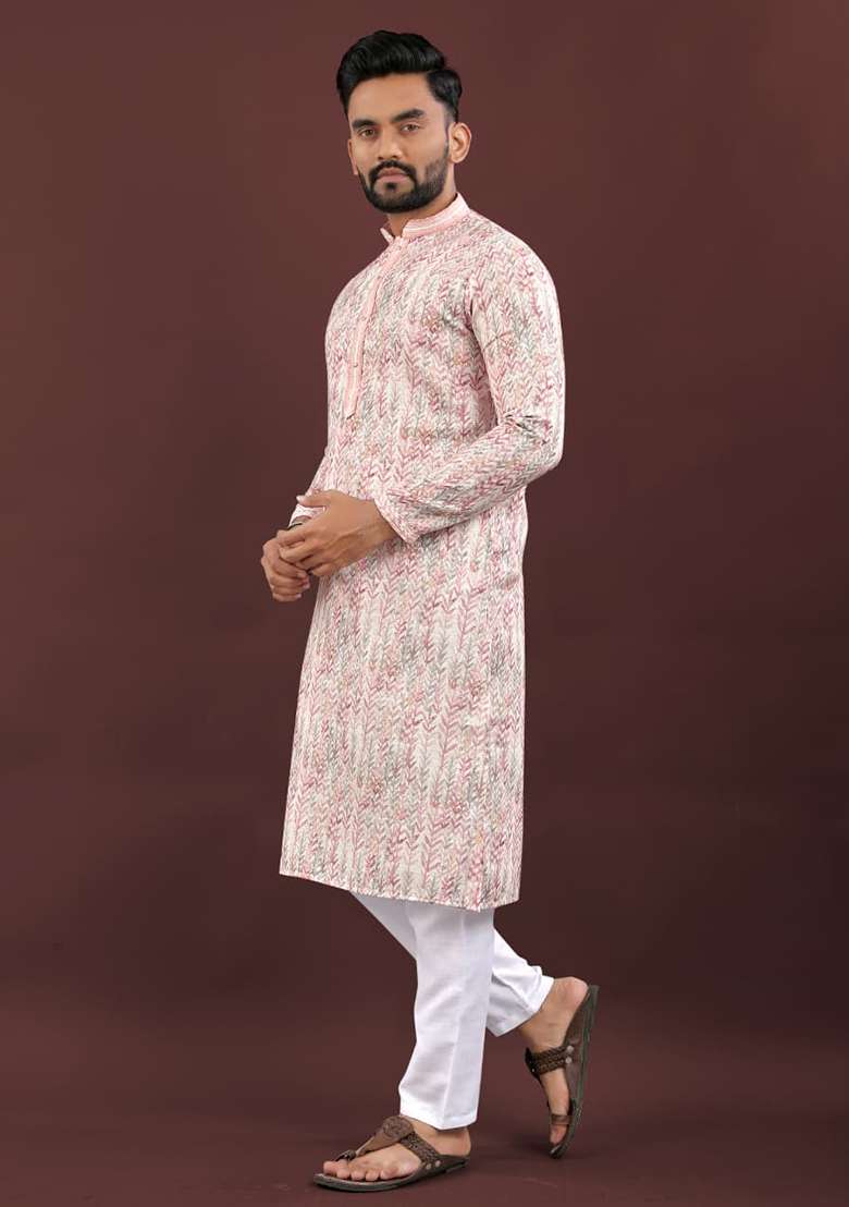 Pink Digital Printed Linen Kurta Set For Men - Indya