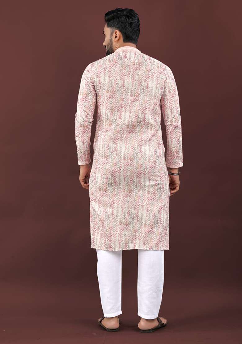 Pink Digital Printed Linen Kurta Set For Men - Indya