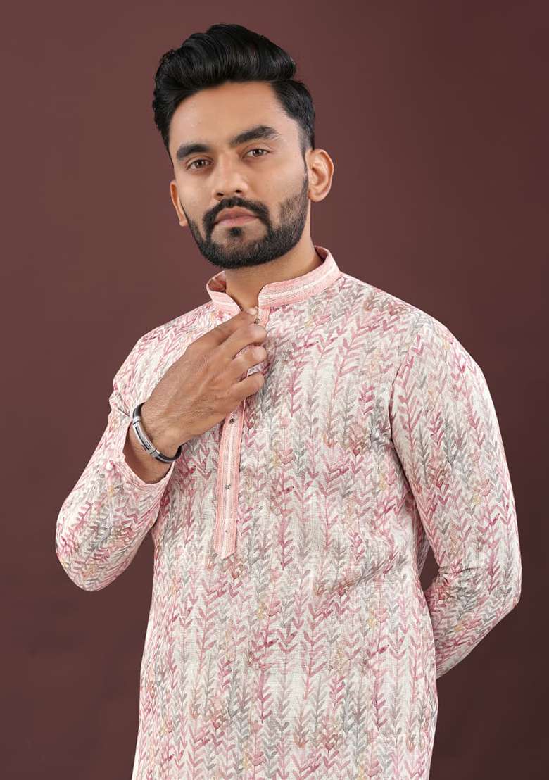 Pink Digital Printed Linen Kurta Set For Men - Indya
